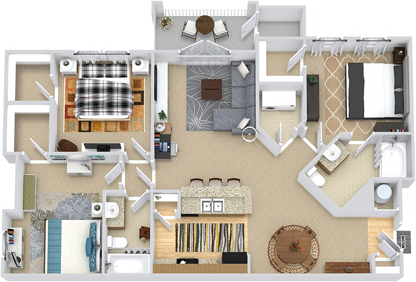 Caraway 3D. 3 bedroom apartment. Kitchen with bartop open to living/dinning rooms. 2 full bathroom. Walk-in closets. Patio/balcony.